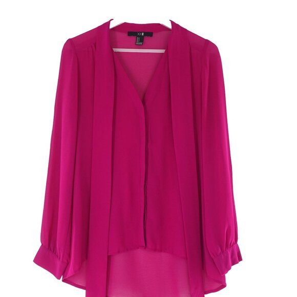 XXI  Fuchsia Chiffon Button Down Long Sleeve V Neck with Tie Front - Picture 1 of 7
